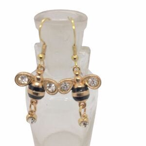 Handcrafted Enamel Bee Rhinestone Dangling Earrings Hypoallergenic Gold Black